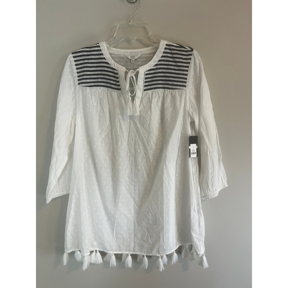 Crown & Ivy Picnic Party II White Tassel Clip Dot Striped Yoke Tunic Top Mens M